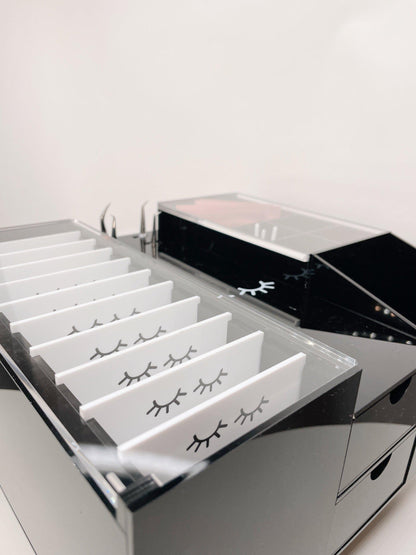 black 10-tile lash organizer - with drawer & 4 tweezer slots